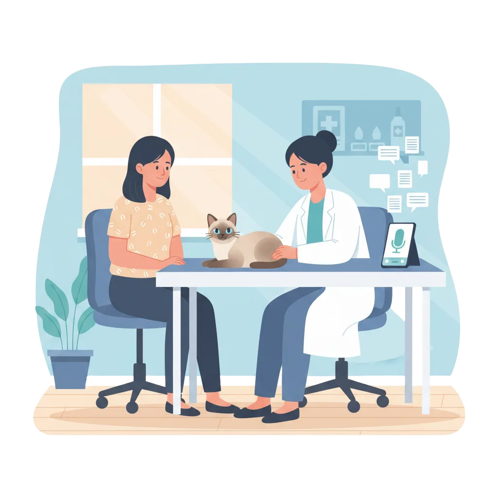 Veterinarian consulting while phone captures and transcribes conversation