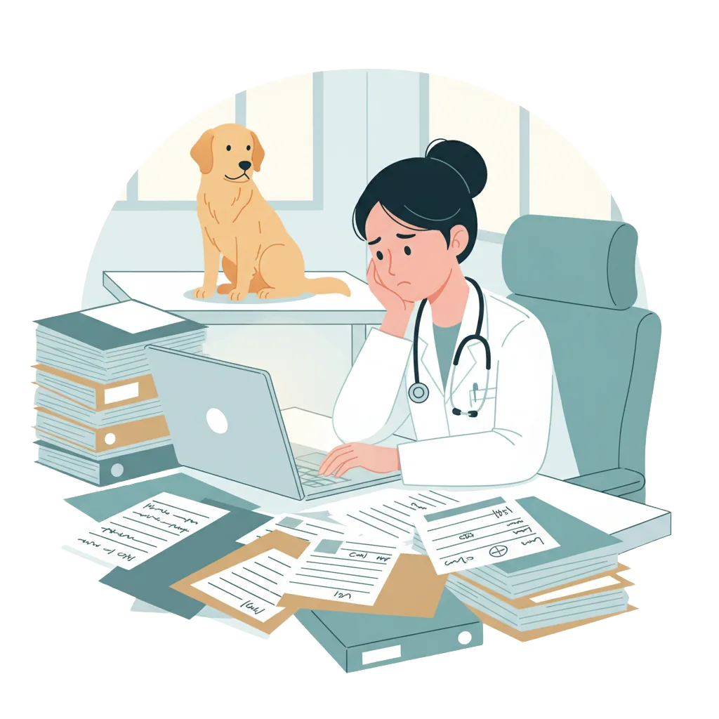 Veterinarian overwhelmed by paperwork while a dog waits
