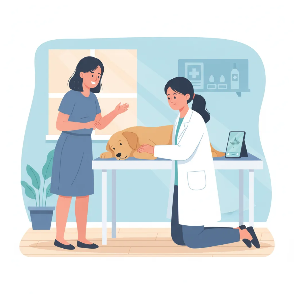 Vet examining a dog while talking to pet owner